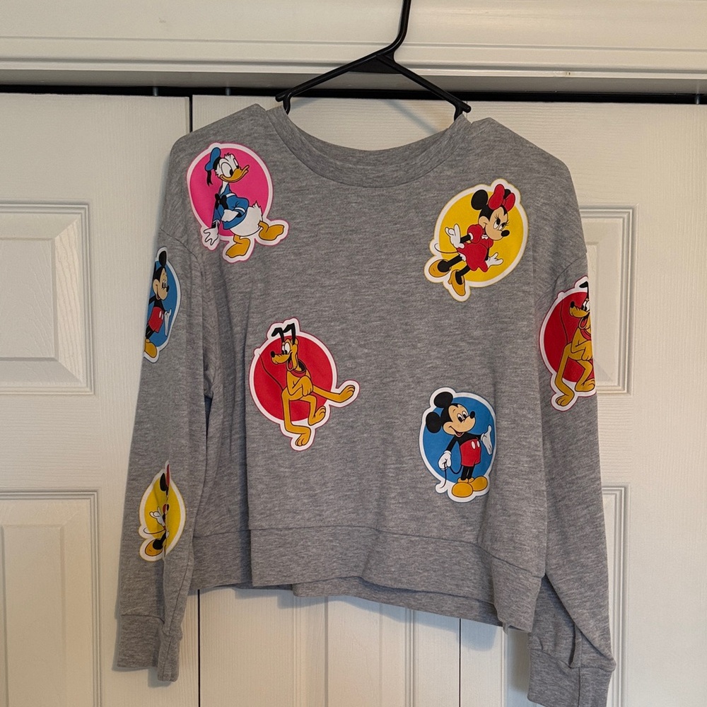 Disney Gray Sweatshirt with Colorful Mickey, Minnie, Donald & Pluto Patches